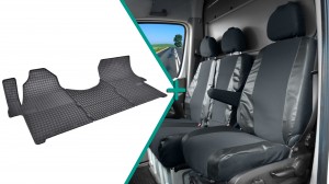 Sitzbezüge aus Kunstleder und Stoff mit Gummifußmatten passend für VW Crafter Mercedes Sprinter 3-Sitzer Viva 